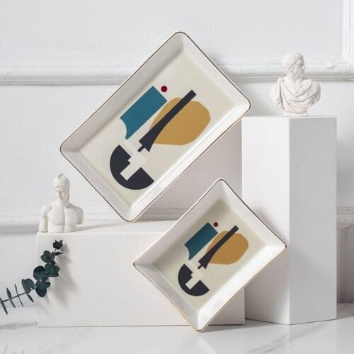 Abstract Geometric Rectangular Dishes Childrens Breakfast Tray Home Decoration Soap Box Golden Rims Flat Tray Snack Plates 1pc