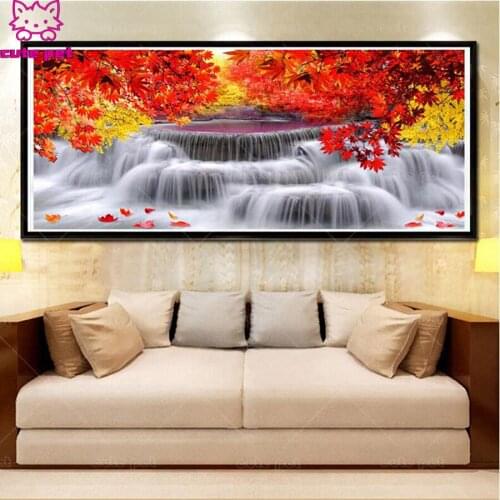 Large 5D DIY Diamond Embroidery Red Leaves Maple Waterfall Landscape Pattern Diamond Painting Square/Round rhinestone Home Decor