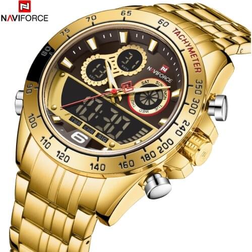 NAVIFORCE Fashion Men Gold Dual Display Watch Mens Luxury Business Wristwatch Stainless Steel Waterproof Clock Relogio Masculino