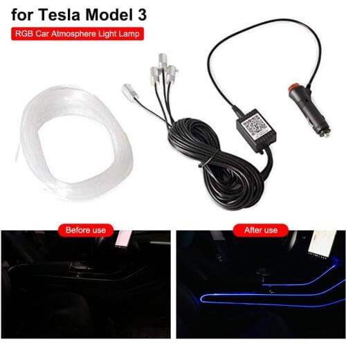 For Tesla Model 3 Colorful Sound-activated Atmosphere Lamp RGB LED Strip Light With App Controller 12V Cigarette Lighter