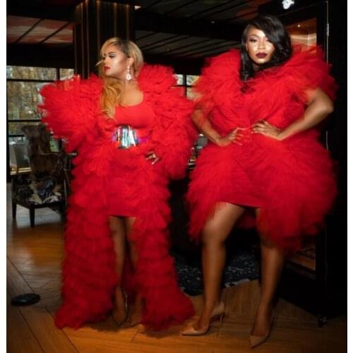 Short Ruffles Tulle Jacket Emerald Green Party Wear V Neckline Knee Length Puffy Sleeves Jacket Women