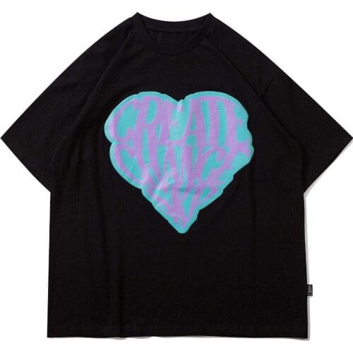 LACIBLE Mens Hip Hop T-Shirt Streetwear Cartoon Letter Heart Shape Print Tshirts Loose Cotton Short Sleeve 2021 Summer Casual