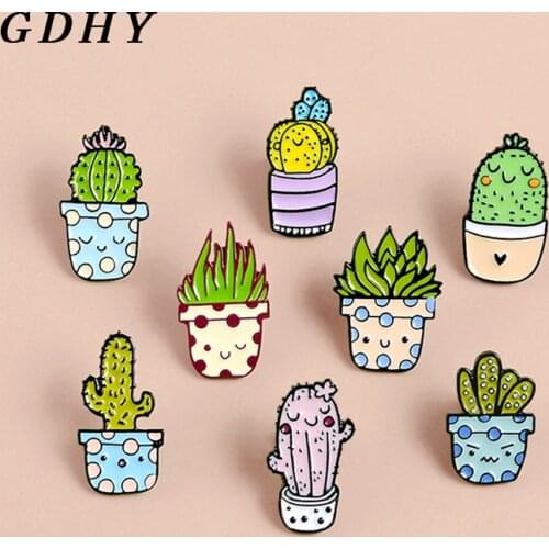 GDHY Cute Potted Green Plant Enamel Pins Cactus Aloe Brooches Lapel Pin Shirt Badge Natural Jewelry Gift Kids Friends 8 Styles