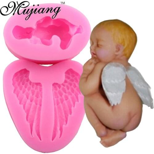 Mujiang 2 Pcs Sleeping Baby Soap Silicone Resin Clay Candle Mold Angel Wings Fondant Cake Decorating Tools Chocolate Candy Molds