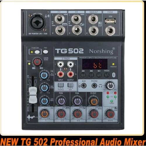 Norshing TG 502 Professional Audio Mixer 4 Channel Stereo Sound Board Console System USB BT MP3 Computer Input 48V Phantom Power