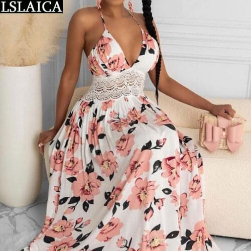 Wholesale Bohemian Dresses for Women 2021 Lace Patchwork Floral Print Fashion Sling Dress Women Big Swimming Party Long Dress