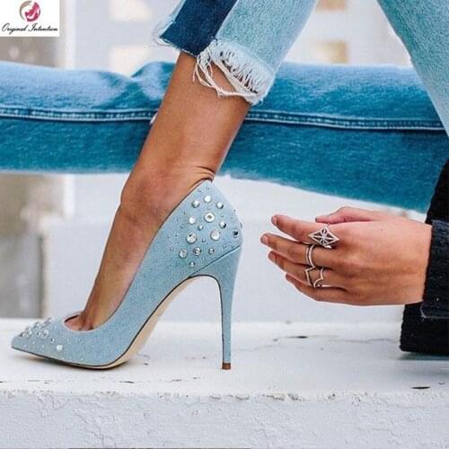 Original Intention High-quality Women Pumps Blue Denim Pumps High Heels Rhinestone Shoes Woman Party Dress Plus Size 4-15