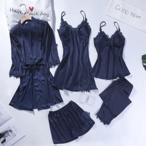 5PCS Pyjamas Set Women Satin Lace Nightwear Navy Blue V-Neck Pajamas Suit Autumn Sleepwear Silky Sleep Wear Home Negligee