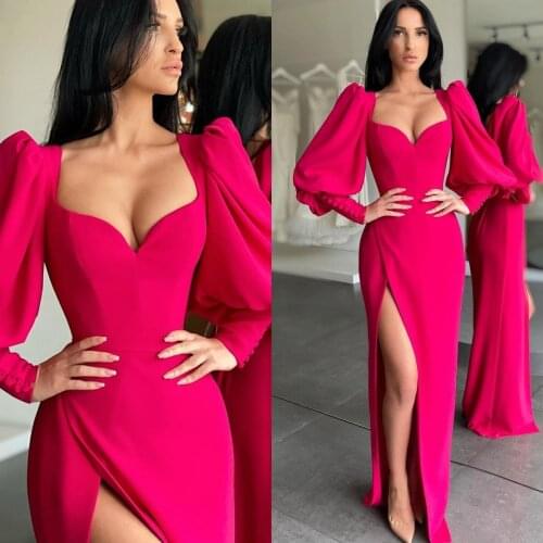 Fuchsia Evening Dresses Long Sleeve V Neck High Side Split Satin Mermaid Prom Dress Party Custom Made Vestidos De Fiesta