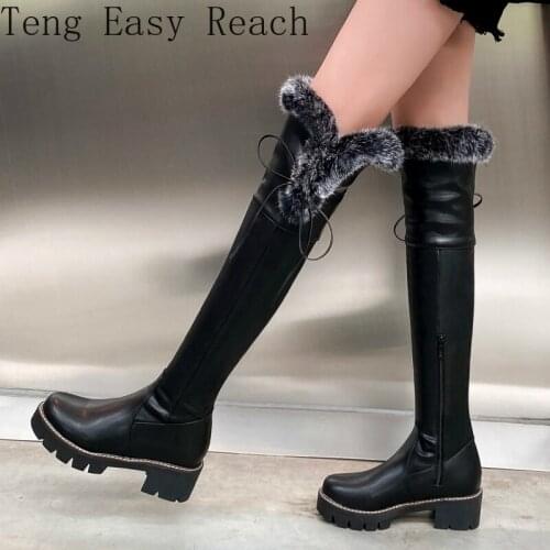 Black white Fur Snow Boots Women Winter Womens High Boots Platform Sexy Chunky Heels PU Leather Casual Warm Winter Shoes Woman