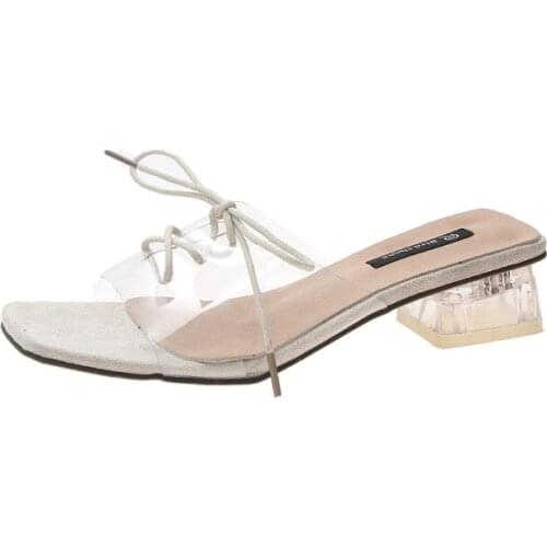 Slippers Shoes Woman 2019 Summer New Low Heel Lace-up Transparent Slides Square Heel Womens Slippers Outdoor Womens Shoes