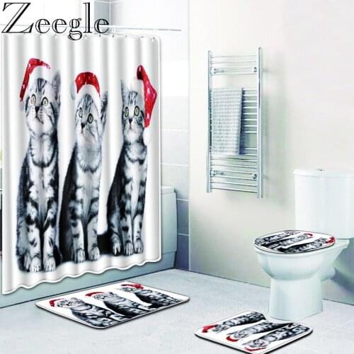 Zeegle 4 Pcs Per Set Cat Shower Curtain Bath Mat Toilet Pad Set Anti-slip Toilet Floor Carpet Flannel Bath Mat
