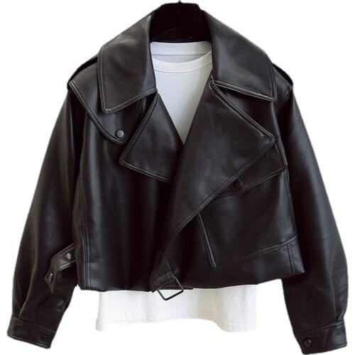 New Spring Women Faux Leather Jacket Biker Red White Coat Turndown Collar PU Motorcycle Jackets Loose Streetwear Outerwear
