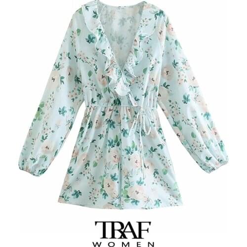 TRAF Za Women Fashion With Ties Floral Print Ruffled Playsuits Vintage V Neck Long Sleeve Female Jumpsuits Mujer