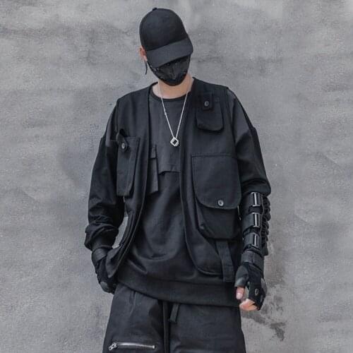Multi Pockets Vest Cardigan Men Techwear Outwear Sleeveless Jacket Tactical Function Streetwear Hip Hop Cargo Vest Waistcoat