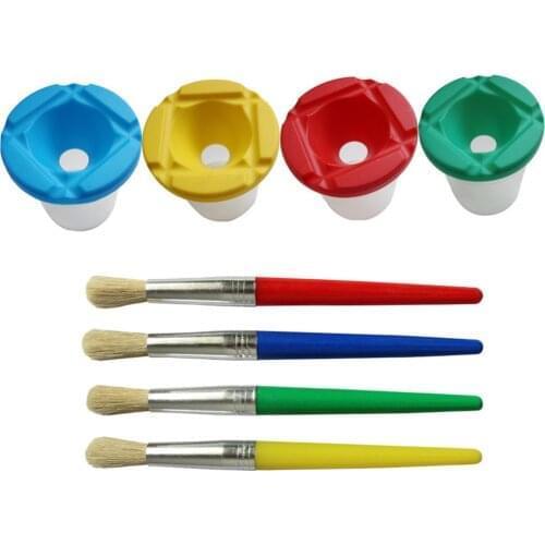 4PCS Paint Brush+4PC Washing Bucket Cup For Children Kids Water color Oil Gouache Acrylic Painting Bristle Brushes Art Supply