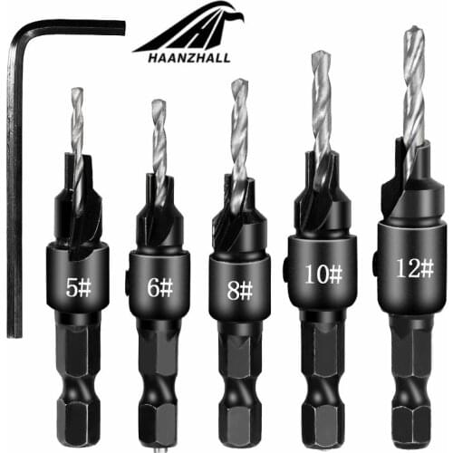 5pcs Countersink Drill Woodworking Drill Set Drilling Pilot Holes For Screw Sizes #5 #6 #8 #10 #12