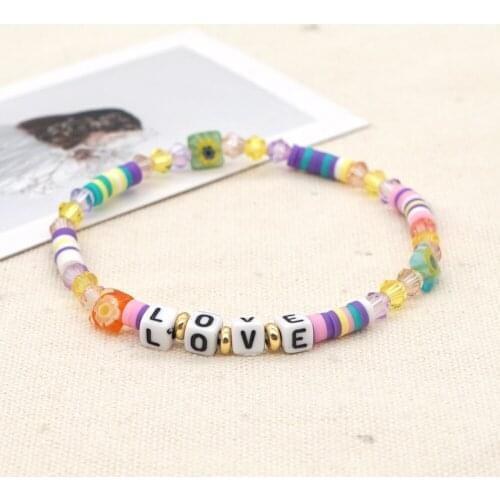 Go2Boho Heishi Bracelet Quartz Crystal Bracelets for Women Multicolor Beaded Letter LOVE Elastic Cute Pulseras Summer Jewelry