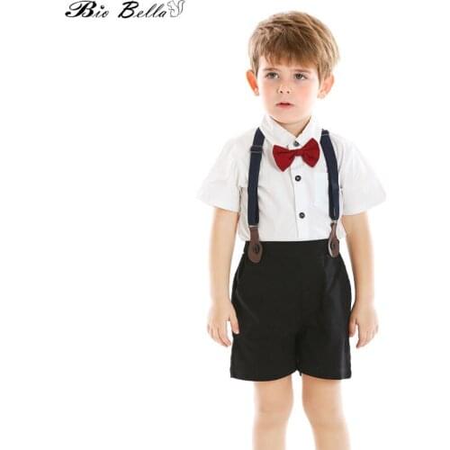 Kids Boys Clothes Summer Gentleman Fashion Wedding Party 1-6 Y Children Boys Clothing T-Shirt+Belt Pants+Tie Boy Clothing Outfit