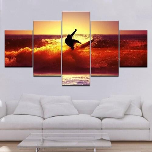 Surfing on the sea golden sunset 5 Panels HD Print Wall Art modern Modular Poster art Canvas painting for Living Room Home Decor