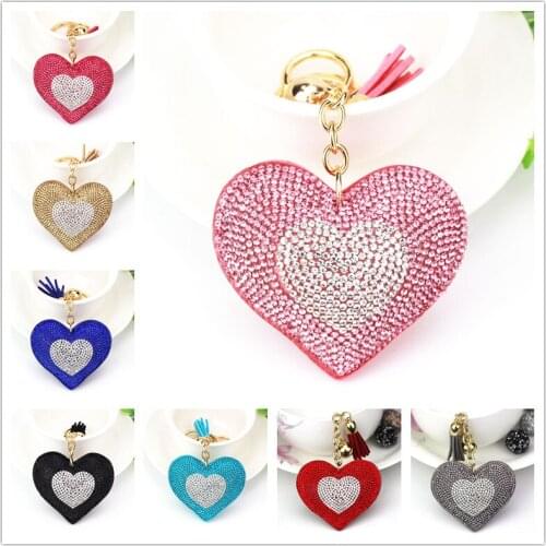 Two-tone heart-shaped leather tassel keychain metal crystal keychain key ring girl rhinestone charm bag car pendant jewelry gift