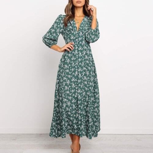 Hirigin V Neck High Waist Ladies Classic Dames Dresses Boho Beach Holiday Flower Sundress Women Long Sleeve Floral Dress