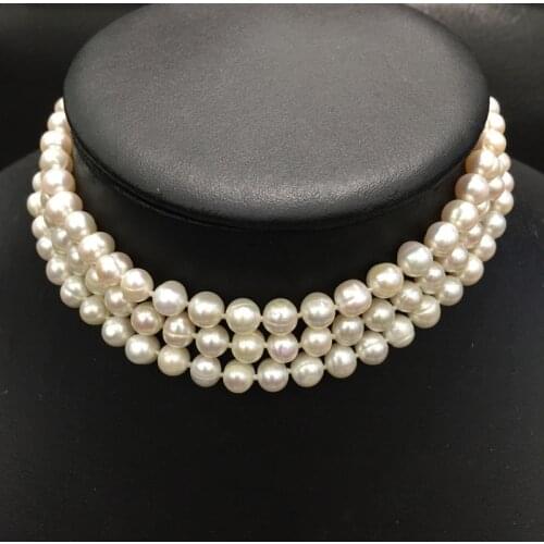 Classic 7-8MM Natural Fresh water Pearl Chokers Necklace short Necklace 34CM adjustable size near round 3 layers multi layers