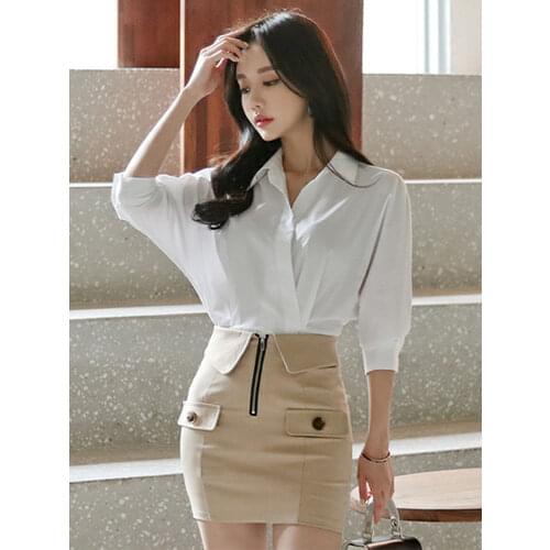 New arrival temperament 2 pieces set white sweet shirt and mini slim pencil skirt fashion collage style high quality women set