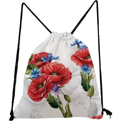 Pretty Fashion Drawstring Bag Red Floral Print Backpack Ropes Portable Shoe Bag to School High Capacity Storage Bag Eco Book Bag