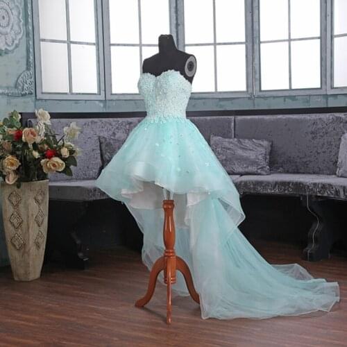 High Low Lace Prom Dresses Cheap Short Mint Sweetheart Neck Sexy Backless Long Tulle Party Gowns In Stock Girls Formal Wear