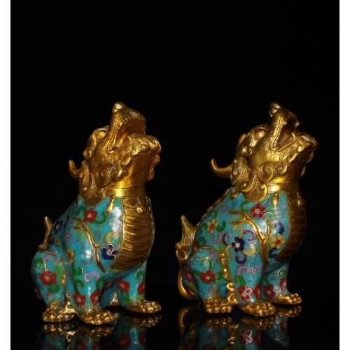 Antique Art Collection Crafts, 1 Pair Chinese Old Pure Copper Cloisonne Unicorn Sculpture,Home Decoration Handmade Metal Statue