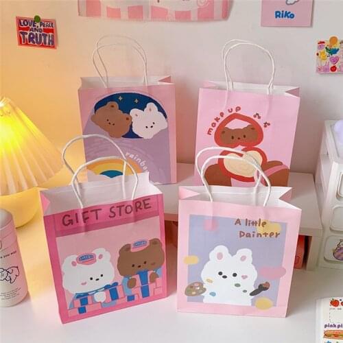 Kawaii Cartoon Print Paper Shipping Bags Knot Bow Cute Christmas Gift Bags Japan Korea Style Fashion Tote Bag Pouch For Girls