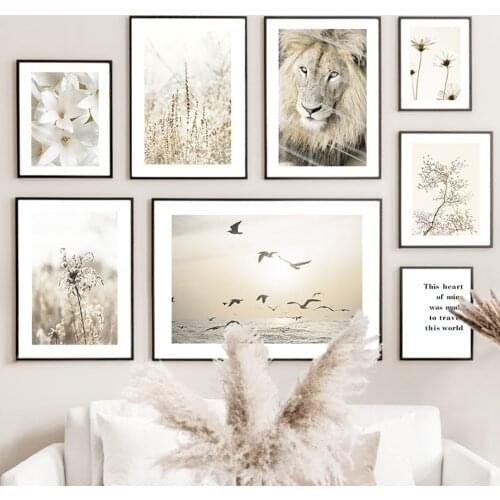 Beige Daisy Lion Magnolia Flower Sage Wall Art Canvas Painting Nordic Bird Posters Prints Wall Pictures For Living Room Decor