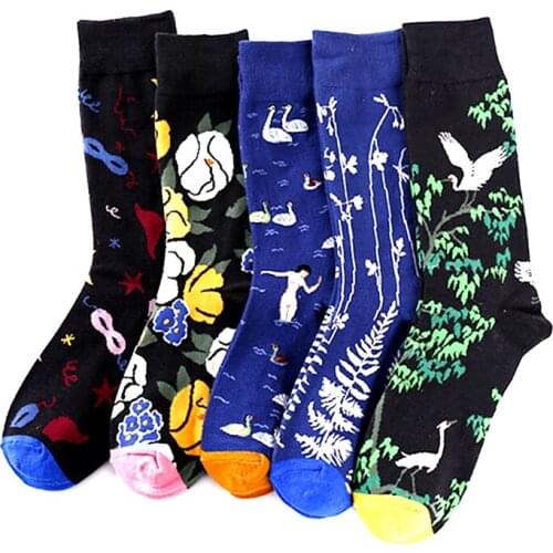 Personality Happy Street Socks Abstract Art Creative Crane Flowers Men Women Unisex Socks in the tube Cotton Funny Short Socks