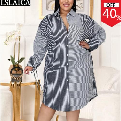 New Dress Office Elegant Long Sleeve Turn-down Collar Striped Print Patchwork Plus Size Dresses XL-5XL Autumn Casual Shirt Dress