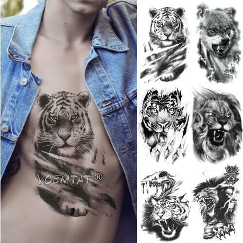 Sketch Tiger Temporary Tattoo Sticker Lion Wolf Waterproof Tatto Warrior Soldier Wings Body Art Arm Fake Tatoo Men Women