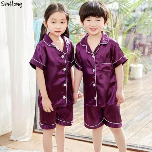 Toddler Girls Pyjamas Kids Satin Pajamas Button Silk Pajama Sets Teenager Boy Sleepwear Teens Pajamas Summer Clothes for 3 -14T