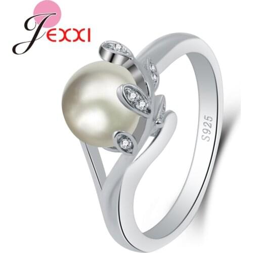 Valentines Day Romantic Gifts For Girlfriend Real 925 Sterling Silver Pearls Finger Ring With Crystals for Women Wedding