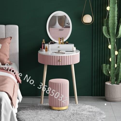 Nordic Pink Dresser Table Set with Drawer + Mirror + Stool Creative Make-up Dressers Table Wooden Legs Bedroom Furniture 60cm