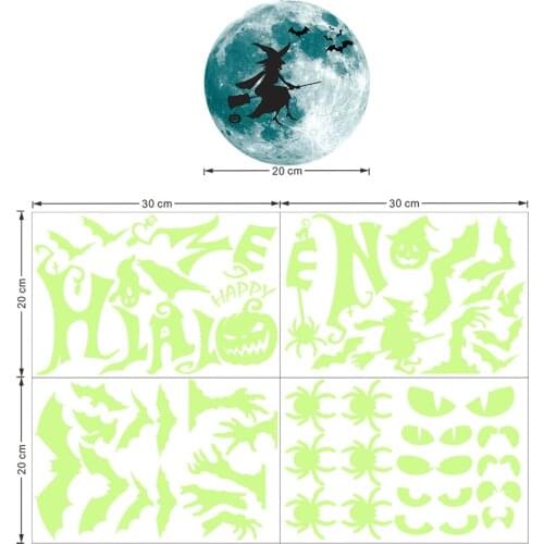 Halloween Luminous Bat Witch Ghost Hand Spider Ghost Moon Combination Self-adhesive Fluorescent Wall Sticker for Home Decor