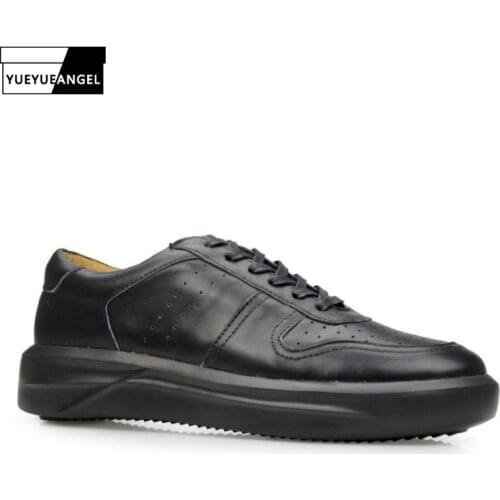 Vintage Spring Summer Round Toe Mens Breathable Casual Sneakers Shoes Genuine Leather Thick Botom Solid Platform Shoes