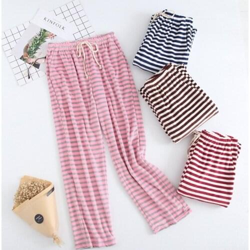 Autumn Winter Home Pants for Women Flannel Stripe Fll Length knitted Sleeping Bottoms Comfort Feeme Thicken Trousers Pyjamas