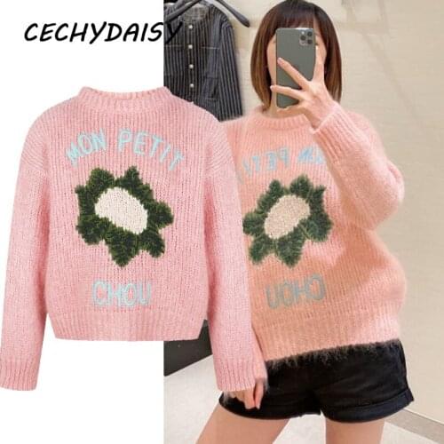 Pink Runway Knitted Sweater Pullover Women Winter Clothes Embroidery Floral Loose Casual Vintage Jumper High Street Top Fashiion
