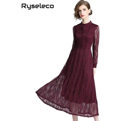 Autumn Spring Women Casual Full Lace Dress Vintage Style Elegant Long Sleeve O-neck Button Up Slim A-line Womens Party Dresses