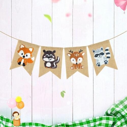 Animals Burlap Banner Woodland Baby Shower Decoration Fox Squirrel Deer Raccoon Kids Birthday Party Decoration