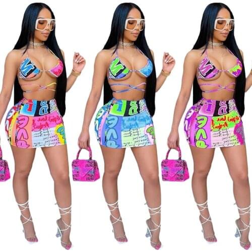ZKYZWX Sexy Two Piece Night Club Outfits Summer Beachwear Swimsuit Bandage Crop Top Bodycon Mini Dresses for Women Matching Sets