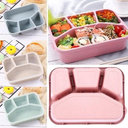 1PC Portable 4 Grids Wheat Straw Lunch Box Microwave Oven Food Container Sealed Leak-Proof Lunch Bag Picnic Kitchen Supplies