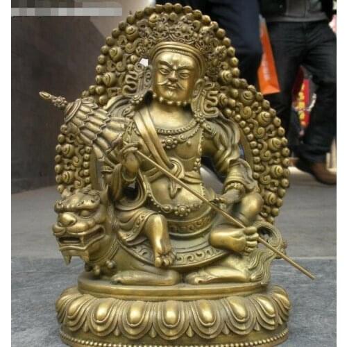 11"Tibet Buddhism Fane pure Brass Vaishravana ride Lion Buddha Statue