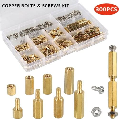 300Pcs Copper Bolts & Screws Kit Iron Nickel Plated Screws Brass Bolts Hexagonal Copper Post Spacer Bolts Brass Spacer M2 Screws