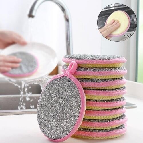 5Pcs/Double-Sided Round Sponges Dishwashing Sponge Cleaning Oily Magic Sponge Household Kitchen Scouring Pad